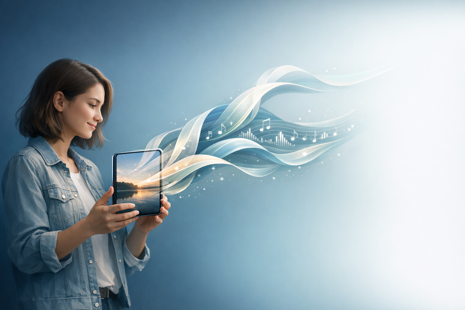 A cinematic visual of a smartphone photo transforming into flowing sound waves and music energy